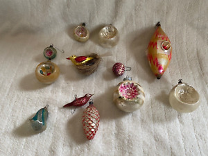 Vintage Lot Glass Mercury Christmas Tree Ornaments indent bulbs birds on nest