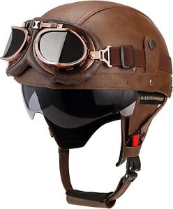 Leather Vintage Motorcycle Half Helmet Beanie Scooter Bike Cruiser Goggles DOT