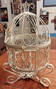 VINTAGE EGG SHAPE FOOTED METAL BIRD CAGE WITH GLASS DIVIDER SHELF, FREE SHIPPING