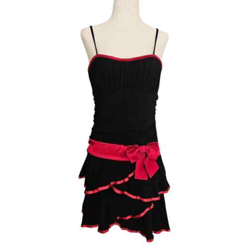 Vintage black milkmaid mini dress layered teired bow red XL short