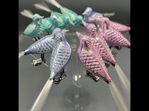 Vintage Western Germany glass clip on bird ornaments with tails pastel glitter
