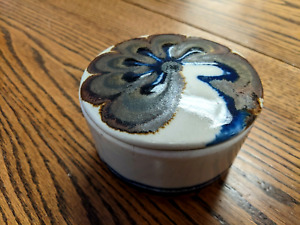 New ListingSwirled Blue White Studio Art Pottery Round 4in Trinket Box Ceramic Mid Century