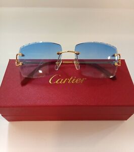 Cartier C Decor Gold Wire Blue Diamond Carved Cut Rimless Lot Lenses