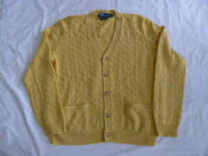 MEN'S POLO YELLOW CASHMERE CABLE KNIT CARDIGAN SWEATER SIZE XL