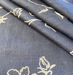 100% Medium Heavy Gray Floral Printed Linen Fabric By The Yard