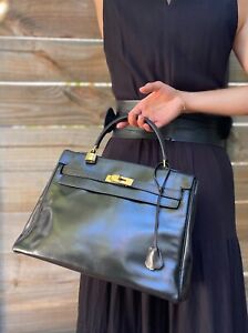 Highly Sought HERMES KELLY 32 Black Box & Gold plated jewelry