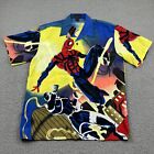 Spiderman Shirt Mens Large Blue Yellow Brawl All Over Print Short Sleeve Button
