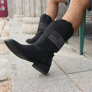 Men's Cowboy Western Boots Durable Comfortable Wide Square Toe Boots Black