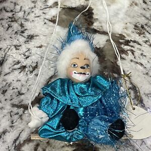 VTG Porcelain Blue Faced Clown on a Wooden Hanging Swing Collectible Home Decor