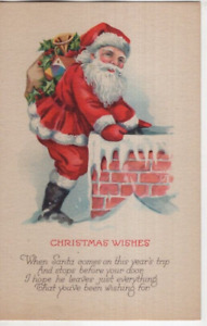 ANTIQUE CHRISTMAS Postcard    SANTA CLAUS STANDING BY SNOW-COVERED CHIMNEY