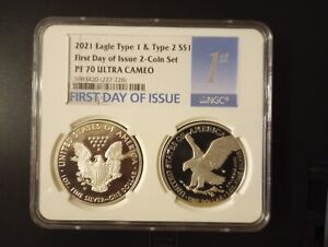 2021 AMERICAN EAGLE TYPE 1 & 2 FIRST DAY ISSUE 2 COIN SET - PF70 ULTRA CAMEO NGC