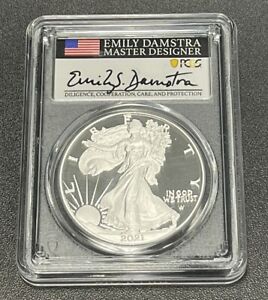 2021 S $1 PROOF SILVER EAGLE PCGS PR70 DCAM FIRST DAY ISSUE EMILY DAMSTRA SIGNED