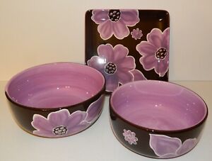 New ListingGates Ware by Laurie Gates Mixing Nesting Serving Bowls, Brown w/ Purple Flowers