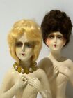 Lot Of 2 Antique Chalkware Half Dolls-Blonde and Brunette Mohair Wigs 1925