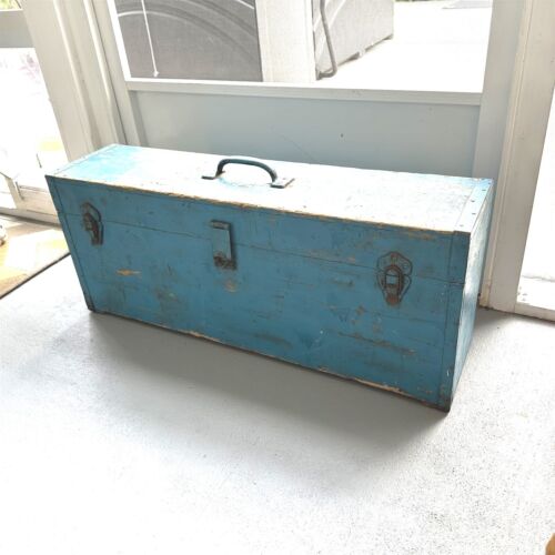 Vintage Wood Tool Box Toolbox Carpenter Carpentry Machinist Chippy Blue Paint