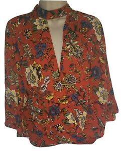 Monteau Los Angeles Trumpet Sleeved Blouse Cover Up Open Front Floral Red Size M
