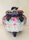 ANTIQUE NIPPON? PORCELAIN FOOTED BISCUIT JAR WITH LID, HAND PAINTED 7 INCHES