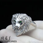 MEN SOLID 925 STERLING SILVER ICY BLING CZ 3D GREEN EYE LION HEAD RING*SR180