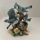 Porcelain Blue Birds In A Nest 2 Babies Figurine 7x5