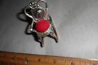 Vintage Rocking Chair Sewing Pin Cushion Red Velvet Small Silver Tone Cast