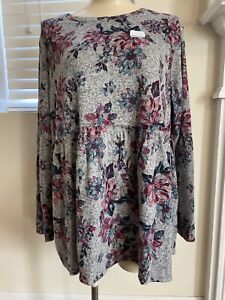 NWT time tru maternity womens XLARGE gray floral babydoll long sleeve top