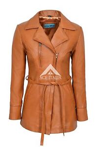 Ladies Leather Jacket TAN SARINA TRENCH Classic Mid-Length 100% REAL NAPA COAT