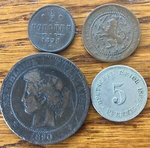 4 Vintage 1800s World Coin Lot. 4 Countries All Obsolete Coins