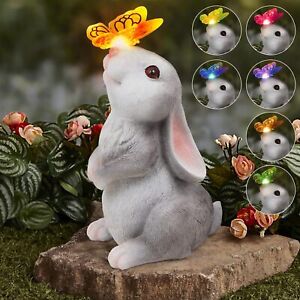 Bunny Statue Decor Rabbit with Solar Butterfly Changing Lights for Garden Patio