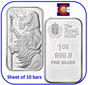 2021 Great Britain Una and the Lion 1 oz 0.9999 Silver Bar - sheet of 10 bars