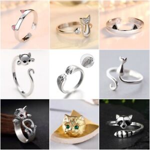 Cute 925 Silver Filled Kitty Ring Fashion Cat Women Girl Jewelry Gift Adjustable
