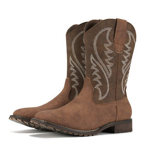 Rollda Men Fashion Western Cowboy Boots Embroidery Wide Square Toe Mid-Calf Bota