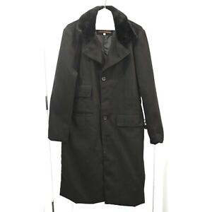 Clara Leather Mens Black Faux Wool Trench Coat with Fuzzy Collar Size L