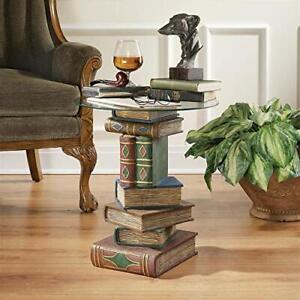 Glass Top Book End Table Stacked Books Library Decor Home Rustic Furniture Table