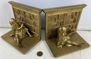 Antique Cast Iron Bradley & Hubbard Bookends Gold Gilt Reading Gnomes 5” tall by