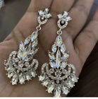Long Silver  Clear Earrings White Bridal Rhinestone Drop Pageant Crystal  2.75”