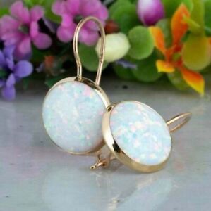 Deliciate 4Ct Round Cut Opal Drop & Dangle Earrings Solid 14K Yellow Gold Finish