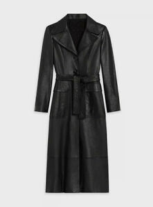 Women's Genuine Lambskin Leather Long Trench Coat Designer Black Jacket -LTWC039