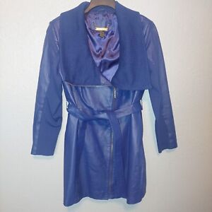 IMAN Blue Leather Belted Coat XL Women's Trench Coat Gold Zipper