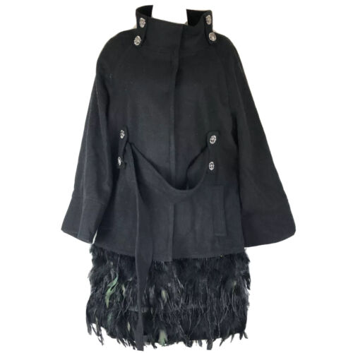 TOV LOS ANGELES PEACOCK & OSTRICH TRIM Feathered Wool Blend Coat BLACK