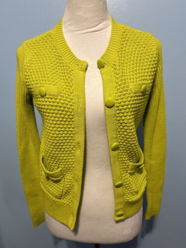 CAbi 5011 Loren Knit Woven Sweater Glow Stick Lime Green Cotton Blend Small