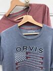Orvis Blue & Red 2 Fishing Fly Rod Print Short Sleeve T-Shirt Men's Med USA Flag