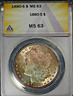 1880-S Morgan Silver Dollar, Pretty Two Sided Toning, ANACS MS63