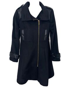 Badgley Mischka Women's Trench coat  Black Wool Blend Leather Trim Coat Small