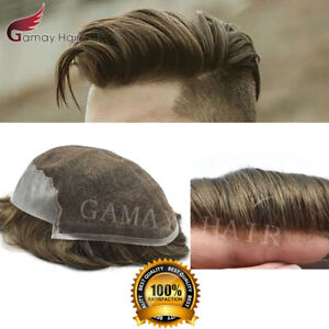 Mens Toupee French Lace Human Hair Front Bleached Knots Wig Hairpiece for Men Q6