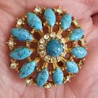 Gorgeous Vintage Rhinestone Turquoise Gold Tone Brooch Pin