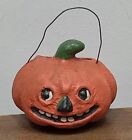 Vintage Pumpkin Pail Jack-O-Lantern Paper Mache Wire Handle Folk Art 3