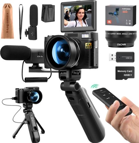 4K Digital Camera Remote Control Flip Screen w/Tripod Grip Wide-angle&Macro lens