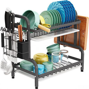 2 Tier Dish Drainer Rack With Drip Tray Kitchen Drying Rack Bowl Plate Holder UK