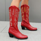 Women's New Square Toe Thick Heels Red Embroidery Pull on Casual Knee High Boots