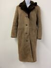 Vintage Leather Coat Size 10 12 Brown Suede Sheepskin Long Faux Fur Lined Pocket